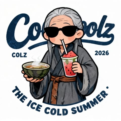 The image is a stylized, illustrative digital artwork with a flat, graphic aesthetic reminiscent of modern cartoon or anime-inspired character design. The color language is defined by a muted, desaturated palette dominated by slate grays, earthy browns, and deep navy blues, punctuated by high-saturation accents of watermelon red and mint green in the beverage. The lighting is soft and diffuse, creating minimal shadows and a flat, even illumination that emphasizes the graphic quality over realistic depth. Textures are rendered with a clean, vector-like smoothness, though subtle digital brushwork adds a slight painterly feel to the hair and robe fabric. The composition is centrally framed, with the character occupying the majority of the space, flanked by bold, arched typography above and below. Shape language combines organic, rounded forms for the character and food items with the strong, geometric curves of the lettering. The overall mood is cool, relaxed, and playfully ironic, conveyed through the character's casual posture, sunglasses, and the juxtaposition of a steaming bowl with an icy drink.