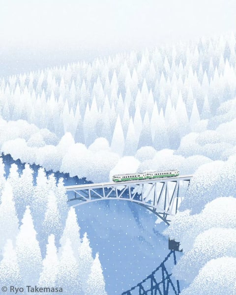 The image presents a serene, illustrative winter landscape rendered in a textured, painterly style reminiscent of digital gouache or pastel. The color palette is dominated by cool, desaturated tones, primarily varying shades of icy blue, soft white, and muted grey, with the train providing a subtle accent of pale green and cream. The lighting is diffuse and soft, suggesting an overcast, snowy day with no harsh shadows, creating a tranquil and gentle atmosphere. The texture is grainy and stippled, particularly on the snow-covered trees and clouds, giving a tactile, almost fuzzy impression. Compositionally, the scene is layered with depth, featuring a foreground of rounded, snow-laden trees, a midground bridge with the train crossing over a calm blue river, and a background of dense, pointed evergreen trees fading into a hazy sky. The shapes are a mix of soft, organic forms for the snow and clouds, contrasted with the geometric lines of the bridge and train. The overall mood is peaceful, quiet, and contemplative, evoking a sense of stillness in a snowy wilderness.