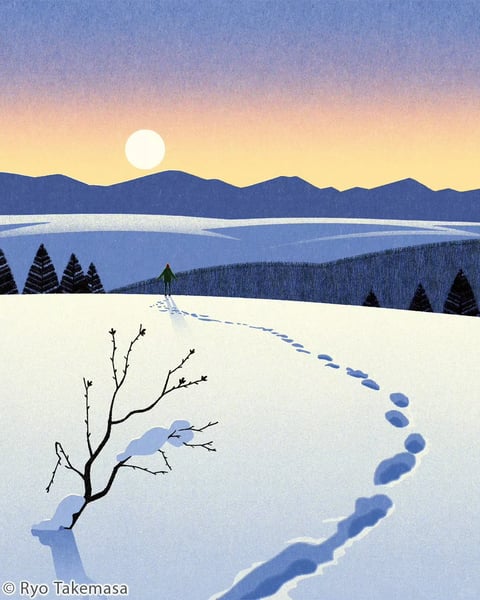 This image is a flat, illustrative artwork with a textured, grainy surface quality reminiscent of risograph or screen printing. The visual aesthetic is minimalist and serene, employing a limited color palette dominated by cool blues, crisp whites, and a warm gradient sky transitioning from pale yellow to soft lavender. The lighting is soft and diffuse, emanating from a low, bright sun or moon positioned just above distant mountain silhouettes, casting long, gentle shadows and creating a tranquil, twilight atmosphere. The composition uses a sweeping, curved path of deep blue footprints in the snow to lead the viewer's eye from the foreground, past a bare, snow-dusted branch, toward a solitary figure in a green coat standing at the horizon line. Shapes are simplified and geometric, with clean edges and a lack of intricate detail, emphasizing broad planes of color and form. The overall mood is one of quiet solitude, peacefulness, and the crisp, still air of a winter landscape.