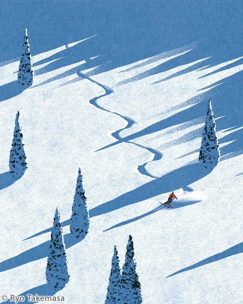This image exhibits a stylized, illustrative aesthetic with a textured, grainy finish reminiscent of risograph or screen printing. The color language is dominated by a cool, monochromatic palette of crisp whites and deep, desaturated blues, with a single, small accent of warm red on the skier's jacket creating a focal point through high contrast. The lighting is characterized by hard, directional sunlight casting long, sharp, geometric shadows from the trees across the snow, emphasizing the slope's contours and creating a strong sense of time and clarity. Texture is conveyed through a consistent, speckled grain across all surfaces, giving the snow a tactile, powdery feel while flattening details into graphic shapes. The composition uses a dynamic diagonal arrangement, with the skier's winding S-shaped trail leading the eye through the frame, and the placement of stylized, conical evergreen trees creates a rhythmic pattern that enhances the sense of depth and movement. Shapes are simplified and geometric, with trees rendered as pointed cones and shadows as elongated, hard-edged polygons, while line weight is minimal, defined by the contrast between light and shadow. The overall mood is one of serene, crisp winter energy, combining the quiet vastness of a snowy landscape with the dynamic motion of the solitary skier.