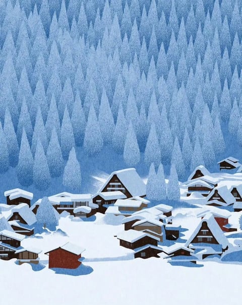 The image presents a stylized, illustrative winter landscape with a distinct, textured aesthetic reminiscent of colored pencil or pastel on grainy paper. The color palette is dominated by cool, desaturated blues and crisp whites, with subtle warm accents in the brown and red wooden houses. Lighting is soft and diffused, casting gentle, blue-toned shadows that suggest an overcast day or twilight, creating a serene and quiet mood. The texture is notably grainy and stippled, giving the snow and trees a tactile, almost fuzzy quality, while the houses have smoother, flatter planes with defined edges. Compositionally, the scene is layered, with a dense, vertically patterned forest of stylized, triangular pine trees filling the upper two-thirds, creating a rhythmic, almost abstract backdrop that contrasts with the more detailed, clustered village in the foreground. The shapes are a mix of organic, rounded tree forms and the sharp, geometric angles of the gabled roofs and rectangular buildings, all rendered with clean lines and a flat, graphic quality that emphasizes pattern over realistic depth. The overall atmosphere is peaceful, isolated, and dreamlike, evoking a sense of stillness and cozy seclusion within a vast, snowy wilderness.