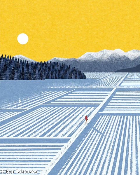 The image presents a stylized, illustrative winter landscape rendered in a flat, graphic aesthetic with a textured, print-like quality. The color language is dominated by a cool, muted blue palette for the snow and forest, sharply contrasted by a warm, saturated golden-yellow sky, creating a strong complementary color scheme. Lighting is diffuse and even, suggesting an overcast day or twilight, with a soft, white circular sun or moon casting no harsh shadows. The texture is uniform and granular, mimicking the feel of a risograph or screen print, with visible stippling and line work. Compositionally, the scene uses strong geometric patterns in the snow-covered fields, creating leading lines that draw the eye toward a solitary figure in a red coat, with layered depth established by the foreground fields, middle-ground forest, and background mountains. Shape language is a mix of rigid, repeating geometric lines in the fields and softer, organic forms in the trees and mountains. The mood is serene, expansive, and slightly melancholic, evoking a quiet, solitary journey through a vast, cold environment.
