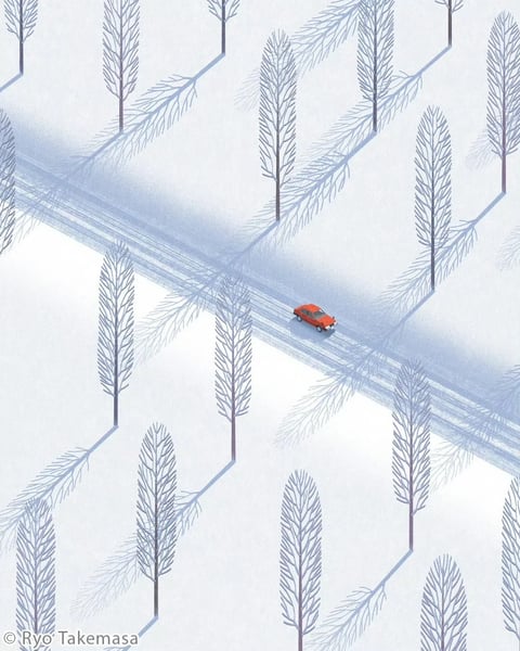 This image features a flat, illustrative art style with a painterly texture, rendered in a high-angle, isometric perspective. The color language is dominated by a cool, desaturated palette of icy blues, pale lavenders, and soft grays, creating a serene, wintry atmosphere. A single, small orange car provides a sharp, warm focal point with high saturation and contrast against the muted background. The lighting is soft and diffused, with no harsh shadows, suggesting an overcast day and contributing to a calm, quiet mood. The texture is smooth yet tactile, with subtle grain and visible brushstroke-like details in the snow and tree shadows. Compositionally, the scene is arranged with strong diagonal lines formed by the road and the elongated, geometric shadows of the bare, stylized trees, which create a rhythmic pattern across the flat, snowy plane. The shape language is a mix of organic, feathery tree forms and sharp, angular shadows, with clean edges and consistent line weight. The overall mood is tranquil, isolated, and contemplative, with a low energy level and a sense of vast, open space.