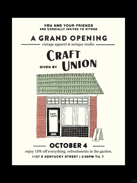 The image features a vintage-style illustrative poster with a flat, hand-drawn aesthetic, rendered in a limited, muted color palette dominated by cream, brick red, sage green, and black. The composition is vertically oriented and symmetrically balanced, with text elements framing a central illustration of a single-story brick storefront with a green tiled awning. The lighting is flat and even, with no directional shadows, contributing to a clean, graphic quality. Textures are simplified and stylized, with the brickwork depicted as a repeating pattern and the awning rendered with simple, wavy lines to suggest tiles. The shape language combines geometric forms (rectangular windows, door, and text blocks) with organic, hand-drawn linework, particularly in the illustration's outlines and the slightly irregular typography. The overall mood is nostalgic, inviting, and charmingly rustic, evoking a sense of small-town warmth and artisanal craft.