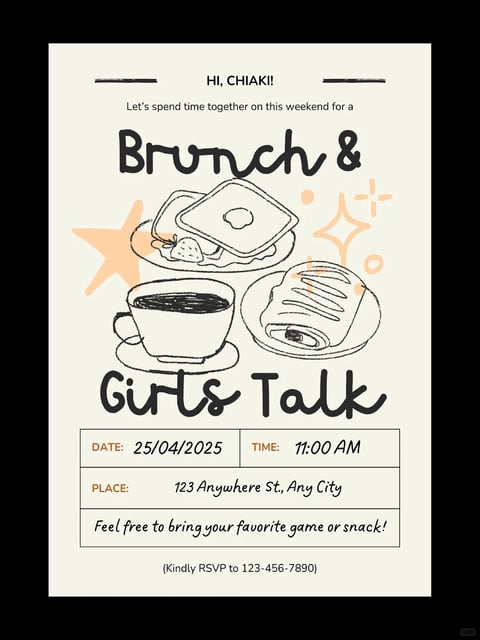 This image features a hand-drawn, illustrative style with a flat, 2D aesthetic and a warm, inviting color palette. The dominant colors are soft cream for the background, muted charcoal black for the line art and typography, and accents of pale peach and warm beige for decorative elements like stars and sparkles. The lighting is soft and diffused, with no harsh shadows, creating a gentle and approachable mood. The texture is smooth and paper-like, with a subtle grain that suggests a printed or scanned hand-drawn illustration. The composition is centered and balanced, with a clear hierarchy of text and imagery, using a mix of organic, sketchy lines for the food illustrations and bold, rounded, hand-lettered typography. The overall mood is cheerful, cozy, and friendly, evoking a sense of casual, warm social connection.