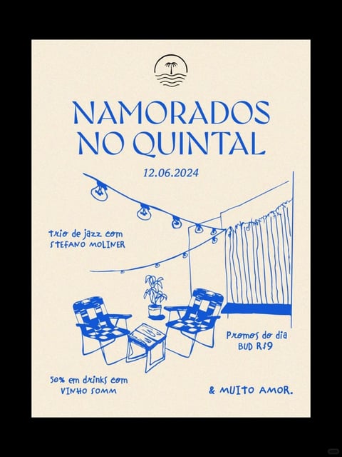 This image features a flat, illustrative design with a hand-drawn, sketch-like quality, rendered in a single, vibrant cobalt blue ink on a textured, off-white paper background. The composition is centered and balanced, with a simple logo at the top, large stylized text for the event title, and a line-art illustration of a backyard scene below, framed by promotional text. The visual aesthetic is minimalist and graphic, relying on clean, continuous line work with varying weights to define shapes and create a sense of depth through overlapping elements like the string lights and furniture. The color language is strictly monochromatic, using high-contrast blue against a warm, creamy base, with no gradients or shading, emphasizing a flat, screen-printed feel. The lighting is implied through the illustrative style rather than rendered, suggesting a soft, ambient evening glow appropriate for the 'backyard' theme. The texture is primarily conveyed by the grainy, paper-like background, giving the digital image a tactile, printed-on-cardstock impression. The shape language combines geometric forms (the rectangular text blocks, the angular chairs) with organic, hand-drawn lines (the plant, the wavy curtain, the lightbulb filaments), creating a relaxed, approachable, and slightly whimsical mood. The overall atmosphere is casual, intimate, and inviting, evoking the feeling of a cozy, low-key social gathering.
