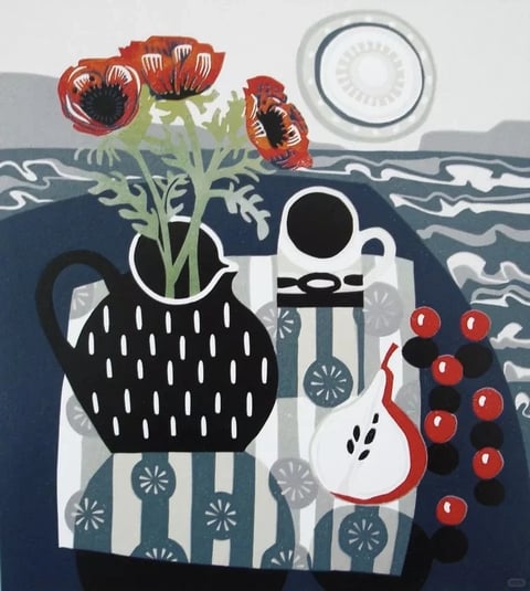 This image exhibits a bold, graphic, and illustrative aesthetic reminiscent of mid-century modern printmaking or cut-paper collage, characterized by flat, opaque color fields and a complete absence of gradients or photorealistic rendering. The color language is defined by a high-contrast, limited palette of deep navy blue, crisp white, and vibrant cadmium red, with accents of muted sage green and grey, all rendered at full saturation with sharp, clean edges. Lighting is entirely implied through flat shapes rather than directional sources, creating a stark, graphic clarity with no soft shadows or atmospheric depth. Textures are simulated through pattern rather than material rendering; surfaces appear smooth and matte, with visual interest provided by repeating motifs like white dashes, radial starbursts, and wavy lines. The composition is tightly framed and layered, arranging objects in a shallow, stacked space where the patterned tablecloth, vase, cup, and fruit overlap without traditional perspective, emphasizing a two-dimensional design. Shape language is a deliberate mix of bold geometric forms (the circular plate, cylindrical cup, striped cloth) and stylized organic silhouettes (the poppy blooms, pear, and berry cluster), all defined by strong, uniform outlines or clean color boundaries. The overall mood is cheerful, orderly, and visually striking, conveying a sense of playful sophistication and decorative charm through its crisp, modernist graphic style.