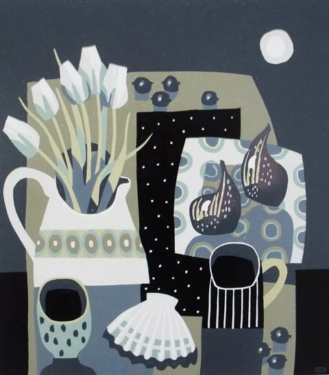 This still life artwork employs a flat, illustrative style with a painterly texture, characterized by simplified forms and a muted, cool-toned color palette. The dominant hues are slate blue, charcoal gray, and off-white, accented with touches of olive green and pale yellow, creating a low-saturation, high-contrast composition. The lighting is soft and diffused, appearing to emanate from the upper right, casting gentle, stylized shadows that define forms without harsh edges. Textures are rendered with visible brushstrokes and stippled patterns, giving surfaces a tactile, hand-painted quality, particularly on the patterned fabrics and ceramic objects. The composition is tightly framed and layered, with objects arranged in a shallow, overlapping space that flattens depth while maintaining a sense of spatial hierarchy. Shapes are a blend of organic curves (like the tulips and figs) and geometric patterns (polka dots, stripes, and circular motifs), all outlined with clean, consistent edges. The overall mood is serene and contemplative, evoking a quiet, domestic atmosphere through its balanced arrangement and subdued, harmonious color scheme.