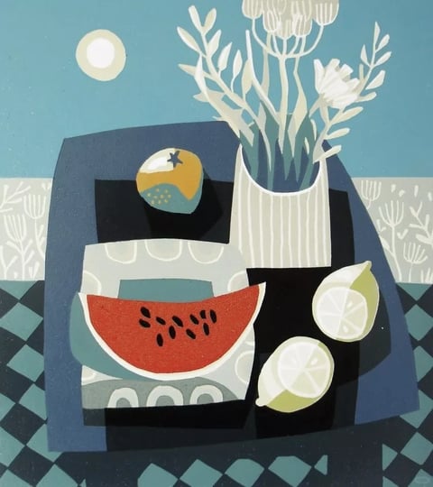 The image presents a stylized, illustrative still life rendered with a flat, graphic aesthetic that emphasizes bold shapes and simplified forms. The color language is dominated by a cool, muted palette of teal, slate blue, and charcoal, punctuated by warm accents of terracotta red and golden yellow, creating a balanced contrast with soft, low-saturation tones. Lighting is rendered as flat, directional shapes without gradients, casting hard-edged, geometric shadows that define spatial relationships rather than realistic illumination. The texture and material feel are smooth and paper-like, with subtle grain and stippled patterns suggesting a printmaking or gouache technique, devoid of realistic surface details. Compositionally, the arrangement is tightly framed on a tabletop, using overlapping planes and a slightly elevated perspective to create shallow, layered depth. Shape language combines organic forms for the botanical elements and fruits with strong geometric underpinnings in the tablecloth patterns and shadow shapes, featuring clean, defined edges and consistent line weight. The mood is calm, contemplative, and slightly whimsical, evoking a quiet, curated domestic scene with a modern, artistic sensibility.