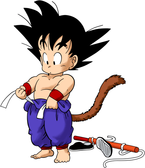This image features a classic anime art style with a flat, illustrative rendering technique, characterized by bold, clean black outlines and solid color fills with minimal shading. The color language is vibrant and saturated, dominated by a primary palette of deep blue for the pants, bright red for the wristbands and sash, and warm peach tones for the skin, set against a stark black background with blocky, pixelated negative space. Lighting is implied through simple, hard-edged cel-shading, primarily from a frontal-upper-left direction, creating distinct shadow shapes on the character's body and clothing without soft gradients. The texture and material feel are smooth and graphic, typical of traditional 2D animation cels, with no realistic surface detail. The composition is character-centric, with the figure occupying the central vertical axis, framed by the abstract black shapes, and a slight diagonal dynamic created by the tail and the Power Pole on the ground. The shape language is highly stylized and organic, with exaggerated, rounded forms for the body and clothing, sharp, angular spikes for the hair, and consistent, medium-weight line work. The mood and atmosphere convey a sense of youthful energy and readiness, with a playful yet determined tone, emphasized by the character's direct gaze and active pose.