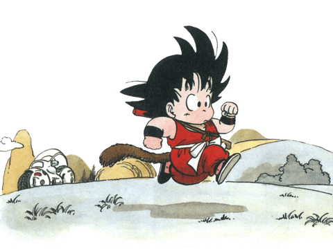 The image features a classic anime illustration style with a flat, hand-drawn aesthetic characteristic of 1980s-1990s Japanese animation. The color language is defined by a vibrant yet slightly muted palette, with dominant saturated reds in the character's gi, contrasted against cool, desaturated blues and grays in the background landscape and sky. The lighting is flat and even, typical of cel animation, with minimal shading and no strong directional light source, creating a bright, open atmosphere. Textures are rendered with simple, clean line work and flat color fills, giving surfaces a smooth, non-tactile quality. The composition centers the young character in mid-motion against a sparse, open background with distant hills and a crashed spacecraft, using a medium shot that emphasizes the character's energetic pose. Shape language is organic and rounded for the character and natural elements, with clean, consistent line weights defining all forms. The overall mood is adventurous, innocent, and energetic, capturing a moment of determined movement in a vast, quiet landscape.