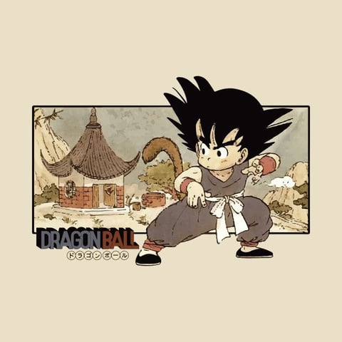 The image features a stylized, illustrative rendering of a young Goku from Dragon Ball, depicted in a dynamic, low-crouching martial arts stance. The visual aesthetic is flat and graphic, reminiscent of vintage anime or manga art, with clean, bold outlines and a limited color palette. The color language is muted and earthy, dominated by desaturated browns, grays, and ochres for the background and clothing, contrasted by the character's stark black hair and the vibrant red accents on his wristbands and power pole. The lighting is flat and even, with minimal shading, creating a two-dimensional, poster-like quality. Texture is suggested through subtle, painterly brushstrokes in the background elements, like the thatched roof and rocky terrain, while the character remains smoothly rendered. Compositionally, the character is centrally framed and breaks the rectangular border of the background scene, creating a sense of depth and immediacy. The shape language is organic and rounded, with soft curves in the character's features and clothing, balanced by the angular spikes of his hair. The overall mood is nostalgic and adventurous, capturing a classic, action-oriented moment with a warm, retro atmosphere.