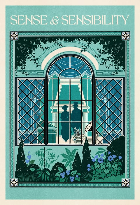 The image presents a stylized, illustrative poster for 'Sense & Sensibility' with a distinct Art Nouveau and vintage book cover aesthetic. The visual style is flat and graphic, employing a limited, cool-toned color palette dominated by teal, deep navy blue, and cream, with subtle accents of lavender in the floral elements. The composition is framed by an ornate, geometric border with decorative corner motifs, centering on a large, arched window that reveals a silhouetted couple in Regency-era attire standing inside a grand room, viewed from a lush garden exterior. The lighting is implied rather than rendered, creating a mood of quiet intimacy and romantic anticipation through the contrast between the dark, detailed foreground foliage and the illuminated interior scene. Textures are simplified into clean shapes and linework, with the garden plants rendered in stylized, organic forms and the architectural elements defined by precise geometric patterns like the diamond-paned window lattice. The overall atmosphere is serene, nostalgic, and elegantly composed, evoking the period drama's themes through its balanced symmetry and gentle color harmony.