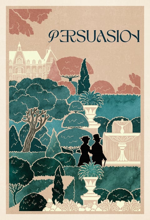 This is a stylized, illustrative poster with a flat, graphic aesthetic reminiscent of vintage travel or book cover art, rendered with a painterly, textured quality. The color language is muted and sophisticated, dominated by a palette of deep teal greens, dusty rose, and warm beige, with a soft, low-contrast saturation that gives it a nostalgic, aged feel. The lighting is diffuse and ambient, with no harsh shadows, creating a gentle, even illumination that enhances the illustrative quality. Texture is conveyed through visible, subtle brushstroke-like patterns and a paper-like grain, giving the image a tactile, handcrafted impression. The composition is layered and vertically oriented, using overlapping shapes of trees, topiary, and architectural elements to create depth, with a large, elegant house in the background and a silhouetted couple in the mid-ground. Shape language is a mix of organic, rounded forms for the foliage and clean, geometric lines for the architecture and fountain, all defined by crisp, consistent edges. The overall mood is serene, romantic, and contemplative, evoking a quiet, elegant atmosphere with a gentle, unhurried energy.