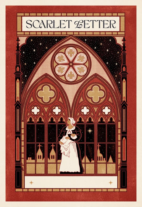 This image presents a stylized, illustrative poster for 'The Scarlet Letter' with a strong Art Nouveau and Gothic revival influence. The visual aesthetic is flat and graphic, rendered with clean lines and a limited, earthy color palette dominated by deep crimson red, warm gold, cream, and stark black. The color language relies on high contrast between the dark, star-speckled night sky and the warm, illuminated architectural elements, creating a dramatic and somber mood. Lighting appears as a soft, ambient glow emanating from within the Gothic window structure, highlighting the central figure and the intricate tracery without casting harsh shadows. Texture is minimal and smooth, emphasizing the graphic nature of the print, though a subtle paper grain texture overlays the entire composition, giving it a tactile, vintage quality. The composition is highly symmetrical and framed by an elaborate Gothic archway, with the central figure of Hester Prynne positioned prominently in the lower center, creating a focal point against the detailed background. Shape language is a blend of rigid geometric forms in the architectural framing and softer, organic curves in the figure and floral motifs, all defined by consistent, bold line weights. The overall mood is solemn, reverent, and melancholic, evoking a sense of historical weight and quiet introspection.
