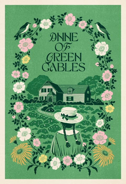 This image presents a stylized, illustrative poster for 'Anne of Green Gables' with a flat, graphic aesthetic reminiscent of mid-century printmaking or block printing. The dominant color palette is a muted, earthy green, complemented by soft pinks, creamy whites, and warm yellows, creating a harmonious, naturalistic scheme with low saturation and gentle contrast. Lighting is implied through flat color blocking rather than realistic shading, suggesting a soft, diffused daylight. The texture has a subtle, grainy paper quality, enhancing the vintage, tactile feel. Compositionally, the scene is framed by an ornate, symmetrical floral border that encircles the central text and illustration, with the house and figure arranged in a layered, slightly flattened perspective. Shapes are predominantly organic, with flowing floral vines and soft curves, though the house introduces structured geometric lines; line weight is consistent and clean. The overall mood is nostalgic, serene, and whimsical, evoking a gentle, storybook atmosphere.