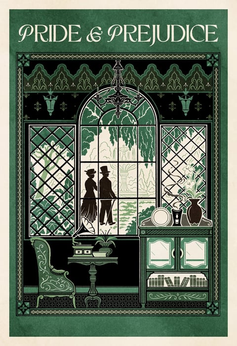 This image is a stylized, illustrative poster for 'Pride & Prejudice' rendered in a flat, graphic art style reminiscent of early 20th-century Art Nouveau or woodcut prints. The color language is strictly limited to a monochromatic palette of deep forest greens, muted sage greens, and off-white/cream, creating a high-contrast, duotone effect with no gradients. Lighting is implied through the stark contrast between light and dark shapes rather than realistic shading, giving the scene a flat, layered appearance. Texture is minimal, with a subtle paper grain overlay suggesting a printed medium, while surfaces are rendered as solid blocks of color. The composition is highly structured and symmetrical, framed by an intricate, decorative border with geometric and floral motifs; the central focus is an arched window looking out onto a garden scene with two silhouetted figures, flanked by interior furniture like a chair, table, and cabinet. Shape language combines sharp geometric lines (in the window panes, floor tiles, and borders) with organic, flowing curves (in the foliage, furniture details, and decorative patterns), all defined by clean, crisp edges. The mood is elegant, nostalgic, and serene, evoking a classic, literary atmosphere through its restrained palette and formal composition.