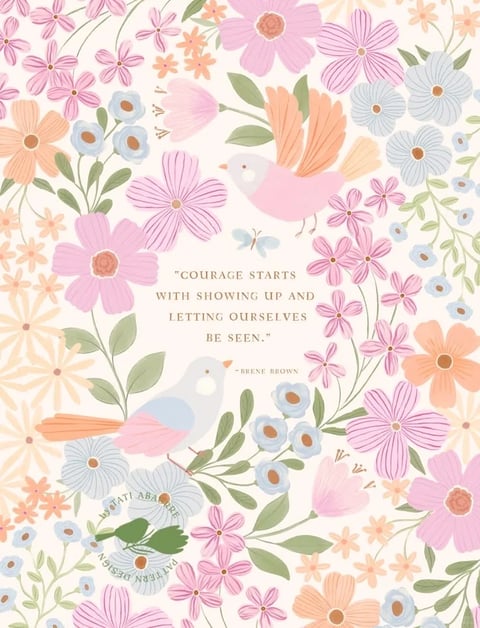This image features a flat, illustrative art style with a soft, painterly texture reminiscent of gouache or watercolor on paper. The color language is dominated by a muted, pastel palette of blush pink, peach, lavender, and soft blue, with low saturation and gentle contrast that creates a warm, airy feel. Lighting is diffuse and even, with no harsh shadows, contributing to a calm and inviting mood. The texture appears smooth with subtle, hand-painted brushstroke details, giving it a tactile, organic quality. Compositionally, the elements are arranged in a dense, all-over floral pattern with two stylized birds integrated into the design, creating a balanced, decorative layout with minimal depth. Shape language is predominantly organic, featuring soft, rounded flower petals and bird forms with delicate, thin line work for stems and details. The overall mood is gentle, whimsical, and serene, evoking a sense of warmth and quiet optimism.