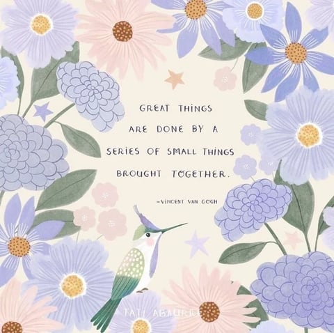 This image exhibits a soft, illustrative art style with a flat, painterly rendering technique reminiscent of watercolor or gouache, characterized by gentle gradients and soft edges. The color language is dominated by a muted, pastel palette of lavender, periwinkle blue, dusty rose pink, and sage green, set against a warm, creamy off-white background; saturation is low to medium, with low contrast that creates a harmonious, blended feel. Lighting is soft and diffused with no harsh shadows, suggesting an even, ambient illumination that enhances the gentle mood. Texture appears smooth with subtle, grainy paper-like qualities and delicate brushstroke impressions, giving a tactile, handcrafted feel. The composition is a dense, all-over floral pattern framing central text, with flowers and leaves arranged in a balanced, organic scatter that creates a shallow, decorative depth. Shape language is predominantly organic, featuring rounded, stylized flower petals, leaves, and a hummingbird, with thin, delicate line weights and soft, blurred edge treatments. The overall mood is serene, whimsical, and uplifting, with a calm, gentle energy and light visual weight.