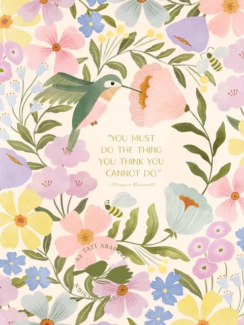 This image exhibits a soft, illustrative aesthetic with a painterly, gouache-like rendering technique, characterized by flat color fields and subtle, textured brushstrokes. The color language is defined by a pastel-dominant palette of muted pinks, soft yellows, dusty blues, and lavender, set against a warm cream background, with low contrast and a gentle, warm color temperature. Lighting is diffuse and ambient, lacking harsh directional shadows, which contributes to a serene and inviting mood. Textures are smooth yet tactile, suggesting the matte finish of paper or gouache paint, with visible brushwork adding organic detail to petals and leaves. The composition is densely layered with floral elements framing a central text block, creating a balanced, all-over pattern with shallow depth, where elements overlap to suggest spatial hierarchy. Shape language is predominantly organic, featuring soft, rounded floral forms and curving stems, with thin, delicate line work defining edges and details. The overall mood is whimsical, gentle, and uplifting, evoking a sense of calm and natural beauty.