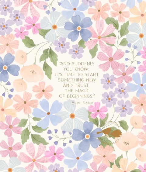 This image exhibits a soft, illustrative aesthetic with a painterly, watercolor-like rendering technique. The color language is defined by a pastel-dominant palette featuring muted pinks, soft blues, lavender, and creamy peach tones, all set against an off-white background with low contrast and gentle saturation. The lighting is even and diffuse, creating a flat, shadowless quality that emphasizes the graphic nature of the illustration rather than dimensional depth. Texture is minimal and smooth, with subtle brushstroke-like variations suggesting a hand-painted paper surface. The composition is an all-over, dense floral pattern with no single focal point, creating a flat, decorative spatial arrangement. Shape language is entirely organic, characterized by soft, rounded petals and leaves with delicate, thin line work and soft edge treatment. The overall mood is serene, gentle, and uplifting, conveying a sense of calm, nostalgic warmth through its delicate forms and muted, harmonious color scheme.