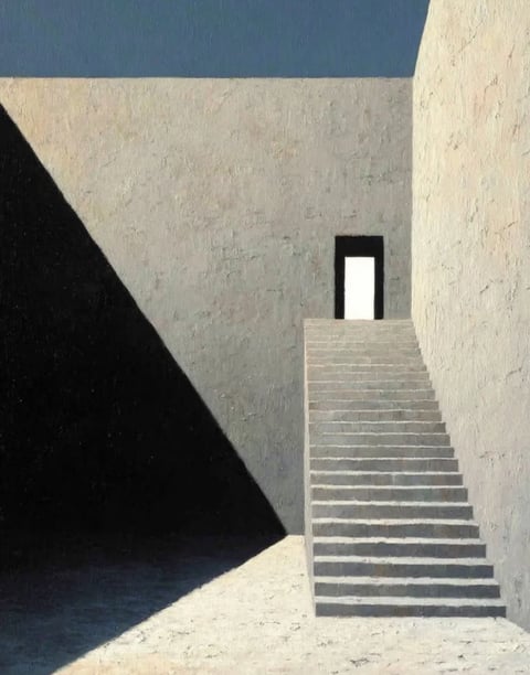 The image presents a minimalist architectural scene rendered in a painterly, textured style with visible brushstroke-like marks on the surfaces. The color palette is dominated by muted, earthy tones: a pale, sandy beige for the sunlit walls and ground, a deep, near-black shadow, and a flat, muted blue sky. The lighting is stark and directional, coming from the upper left, casting a sharp, angular shadow that divides the composition diagonally and creates extreme contrast between the brightly illuminated areas and the profound darkness. The texture is rough and tactile, suggesting stucco or plaster on the walls and stone for the stairs, with a granular, almost pointillist application of paint. Compositionally, the scene is framed by two converging walls, with a set of straight, geometric stairs leading directly to a single, dark-framed rectangular doorway at the top, which opens onto a blank white void. The shape language is strictly geometric, defined by clean lines, sharp angles, and the stark rectangular forms of the stairs, walls, and doorway, with no organic curves. The mood is one of stark solitude, mystery, and quiet tension, evoked by the empty space, the dramatic play of light and shadow, and the enigmatic, bright portal at the journey's end.