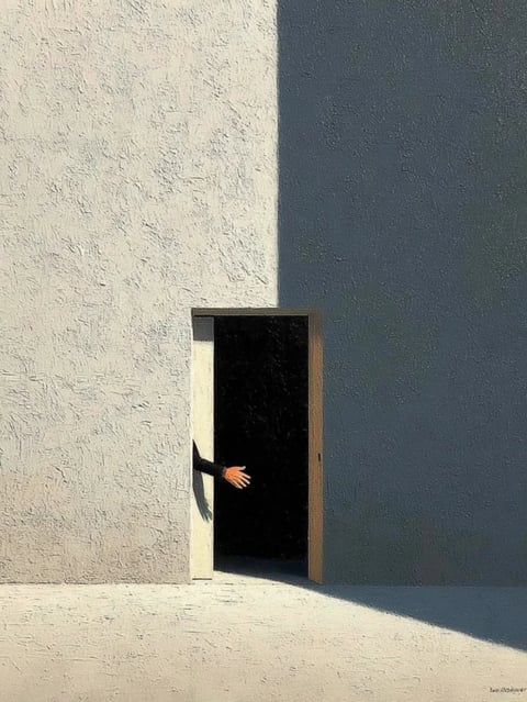 This image presents a minimalist, painterly composition characterized by a stark, geometric division between light and shadow. The visual aesthetic is that of a textured, impasto-style painting, with visible brushstrokes and a tactile, rough surface quality across the walls and ground. The color language is dominated by a muted, desaturated palette: the sunlit wall and ground are rendered in pale, warm beige and off-white tones, while the large shadowed wall is a deep, cool slate blue-grey. A high-contrast, dramatic lighting approach is employed, with hard-edged, directional light casting a sharp diagonal shadow that bisects the scene, creating a stark division between illuminated and shadowed planes. The composition is tightly framed around a simple, rectangular doorway set into the corner where the light and dark walls meet. The doorway itself is a deep, near-black void, with a simple wooden frame, and a single, pale arm extends from the darkness into the light, its hand open. The shape language is strictly geometric and rectilinear, defined by clean, hard edges and flat planes, with the organic form of the arm providing the only contrast. The overall mood is one of stark, quiet isolation, with a sense of mystery and suspense created by the unknown figure in the dark doorway, emphasized by the heavy visual weight of the shadow and the empty, expansive space.