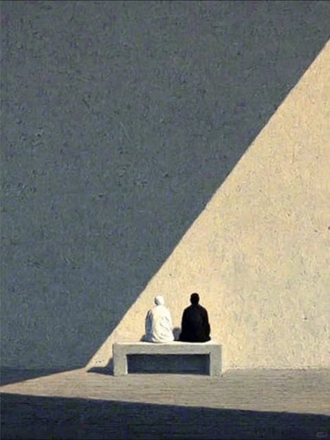 The image presents a minimalist, painterly composition with a strong geometric aesthetic. A large, textured wall dominates the frame, bisected by a sharp diagonal shadow that creates a stark division between a cool, deep blue-gray area and a warm, sunlit beige plane. The texture is granular and tactile, resembling stucco or rough plaster, with visible brushstroke-like variations in the surface. Two small, seated figures occupy a simple, low stone bench at the base of the wall, their forms rendered with soft edges and minimal detail. The figure on the left is clad in white, while the figure on the right is in black, creating a clear tonal contrast. The lighting is directional and hard, casting a crisp, angular shadow that emphasizes the wall's texture and the stark geometry of the scene. The color palette is restrained and desaturated, relying on the interplay between warm and cool neutrals. The composition is asymmetrical and spatially sparse, using negative space and strong lines to create a sense of quiet, contemplative depth and atmospheric stillness.