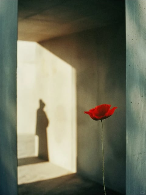 The image presents a photorealistic, film-like aesthetic with a subtle grain texture, evoking a cinematic and contemplative mood. The color language is defined by a muted, desaturated palette dominated by cool, grey-blue concrete tones, contrasted sharply by the vibrant, saturated crimson of a single poppy flower. Lighting is directional and high-contrast, with a strong, warm light source from the left casting deep, soft-edged shadows, creating a dramatic interplay of light and dark. The texture is tactile and realistic, emphasizing the rough, porous surface of the concrete walls and the delicate, papery quality of the flower petals. Compositionally, the image uses a framed, architectural perspective with strong vertical lines, placing the solitary flower in the foreground right against a deep, shadowy corridor, while a blurred, silhouetted figure stands in the brightly lit background, creating significant depth. Shape language contrasts the rigid, geometric lines of the concrete structure with the organic, flowing form of the flower. The overall mood is one of quiet solitude, melancholy, and stark beauty, with a heavy visual weight anchored by the dark shadows and the singular point of vibrant color.
