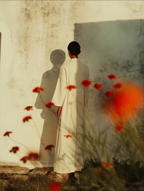 This image presents a photorealistic, painterly aesthetic with a soft, textured quality reminiscent of a vintage film photograph or a fine art painting. The color language is dominated by a warm, muted palette of creamy off-whites, soft beiges, and earthy tones, punctuated by vibrant, saturated pops of deep red from the out-of-focus poppies in the foreground. The lighting is soft and directional, casting a long, distinct shadow of the figure onto the textured wall, suggesting late afternoon or early morning sun with a warm, golden temperature. The texture is highly tactile, with a visible grain or patina on the wall surface, the soft drape of the linen-like robe, and the blurred, organic forms of the flowers. The composition uses a shallow depth of field, framing the figure from behind in a medium shot, with the foreground flowers creating a soft, layered frame that draws the eye to the central subject and their shadow. The shape language is a contrast between the soft, organic curves of the figure, flowers, and shadow against the hard, geometric vertical line of the wall's edge. The overall mood is serene, contemplative, and slightly melancholic, with a quiet, timeless atmosphere conveyed through the gentle light and muted, harmonious colors.