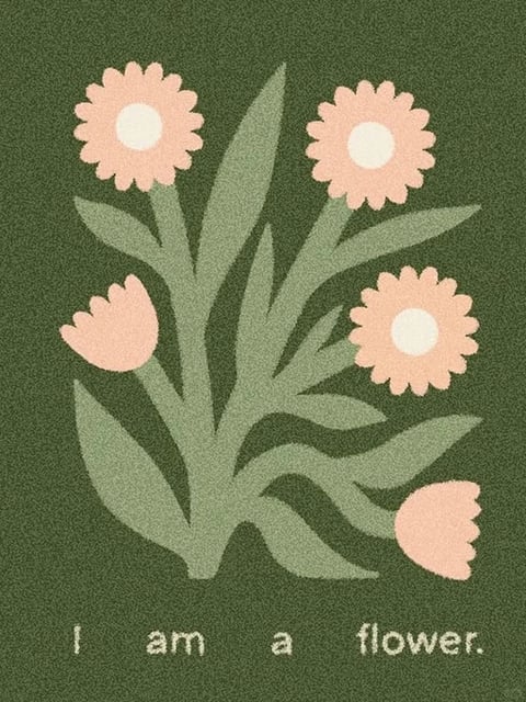 The image presents a flat, illustrative style with a textured, grainy surface that mimics the feel of risograph printing or fine-grain paper. The color language is muted and earthy, dominated by a deep forest green background that provides high contrast for the soft, dusty pink flowers and their pale, muted green stems and leaves. The lighting is uniform and flat, with no directional shadows, creating a graphic, poster-like quality. Texture is a key element, with a consistent, fine stippled grain applied across all elements, giving the digital image a tactile, printed material feel. Compositionally, the floral arrangement is centered and fills the frame, with a simple, symmetrical layout that emphasizes the graphic shapes. The shape language is organic yet stylized, with rounded, scalloped flower petals and smooth, curved stems rendered with clean, soft edges and no outlines. The overall mood is calm, gentle, and nostalgic, evoking a sense of quiet simplicity and handmade charm.