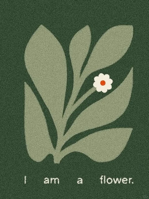 This image features a stylized, illustrative aesthetic with a flat, graphic rendering technique. The dominant color palette is muted and earthy, centered on a deep forest green background with soft, desaturated sage green leaves and a single small white flower with a bright orange-red center, creating subtle contrast through color temperature. Lighting is flat and even, with no directional shadows, contributing to a calm, gentle mood. The texture has a fine, grainy, noise-like quality across all surfaces, giving it a tactile, slightly rough, almost screen-printed or textured paper feel. The composition is centered, with the plant form occupying the middle ground against a solid background, emphasizing a simple, balanced spatial arrangement. Shape language is organic and soft, with rounded, flowing leaf forms and gentle curves, lacking sharp geometric edges. The overall mood is serene, quiet, and whimsical, with low visual weight and a gentle, contemplative atmosphere.