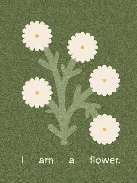 This image features a flat, illustrative style with a painterly, textured finish, reminiscent of gouache or textured digital painting. The color language is muted and earthy, dominated by a desaturated olive-green background with soft, creamy white flowers and subtle yellow-orange centers, creating a low-contrast, harmonious palette with a cool, natural color temperature. The lighting is flat and diffused, with no strong directional shadows, conveying a gentle, even illumination that emphasizes the graphic quality of the forms. The texture is uniformly grainy and tactile, giving the surface a soft, paper-like or fabric-like feel. The composition is centered and balanced, with the floral stems arranged vertically in the middle ground against a solid, unadorned background, creating a shallow depth of field. The shape language is organic and soft, characterized by rounded, scalloped flower petals and gently curving stems with smooth, soft edges and no hard lines. The overall mood is calm, serene, and whimsical, with a low-energy, gentle visual weight that evokes a sense of quiet simplicity and natural charm.