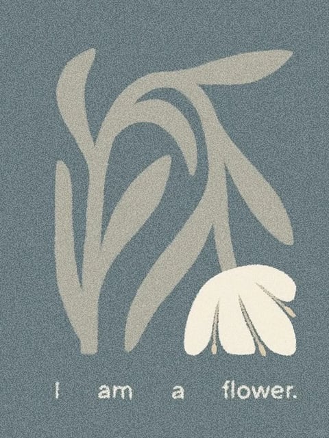 This image features a minimalist, illustrative art style with a flat, graphic rendering technique. The color palette is muted and desaturated, dominated by a cool, slate-blue background with the plant and flower rendered in soft, off-white and pale beige tones, creating a low-contrast, monochromatic feel. The lighting is flat and non-directional, with no visible shadows or highlights, contributing to a serene and gentle mood. The texture is uniform and slightly grainy, resembling a fine, stippled paper or a digital noise filter, giving it a subtle, tactile, matte finish. The composition is simple and centered, with the flower and stems occupying the majority of the frame against the solid background, creating a sense of intimate focus. The shape language is organic and fluid, characterized by soft, curving lines and smooth, rounded edges for the leaves and petals, with no harsh angles. The overall mood is calm, introspective, and quietly whimsical, conveyed through the delicate forms and soft, cool color scheme.