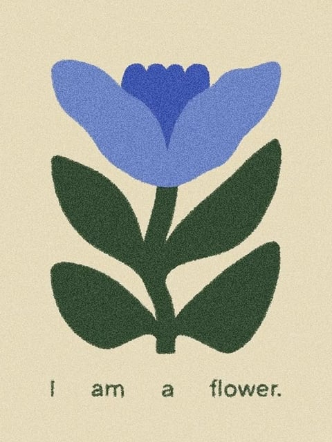 The image presents a stylized, illustrative depiction of a single flower, rendered with a flat, graphic aesthetic reminiscent of a textured print or risograph. The visual style is characterized by a deliberate grainy, stippled texture that covers the entire surface, giving it a tactile, paper-like feel. The color palette is muted and limited, featuring a desaturated periwinkle blue for the flower's petals, a deeper indigo for its center, and a dark, earthy forest green for the stem and leaves, all set against a warm, creamy beige background. There is no directional lighting or shading; the forms are defined by solid blocks of color with soft, slightly fuzzy edges. The composition is centered and symmetrical, with the flower positioned vertically in the frame, creating a balanced and stable arrangement. The shape language is simple and organic, using rounded, stylized forms for the petals and leaves without intricate detailing. The overall mood is calm, gentle, and slightly nostalgic, evoking the simplicity of a children's book illustration or a handmade botanical print.