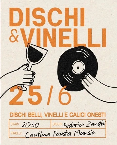 This image is a stylized, minimalist poster for a 'Social Dining' event, rendered in a hand-drawn, graphic illustration style on a textured, off-white paper background. The composition is dominated by bold, sans-serif typography in a warm, muted orange hue, with the title 'DISCHI & VINELLI' prominently displayed at the top. Below the title, two simple, black-outlined illustrations depict a left hand holding a wine glass filled with a dark liquid and a right hand gently touching a black vinyl record, symbolizing the fusion of music and wine. The date '25/6' is presented in large, orange numerals beneath the illustrations. Further down, smaller orange text reads 'DISCHI BELLI, VINELLI E CALICI ONESTI,' followed by a structured information box with orange borders containing the start time '20:30,' the music provider 'DISCHI Federico Zanghi,' and the wine provider 'VINELLI Cantina Fausta Mansio' in a mix of printed and handwritten-style black text. The overall aesthetic is retro, tactile, and inviting, using a limited color palette of off-white, black, and warm orange to create a cohesive, vintage-inspired mood that emphasizes artisanal quality and social connection.