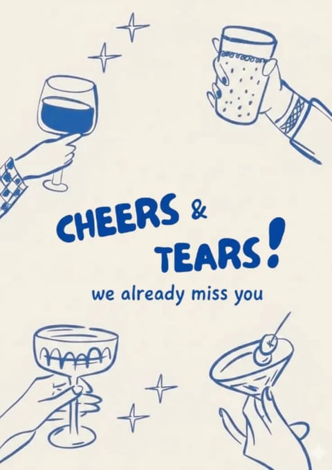 This image for a 'Social Dining' moodbook features a minimalist, hand-drawn illustration style using a monochromatic palette of deep blue ink on a textured, off-white paper background. The composition centers on four distinct hands, each holding a different style of drinkware, raised in a collective toast: a classic wine glass with a deep blue fill, a textured highball glass with a dotted pattern, an ornate coupe glass with a scalloped rim, and a martini glass garnished with a skewered olive. The linework is loose and expressive, with sketchy, confident strokes defining the hands and glasses. Small, four-pointed star sparkles are scattered around the glasses to emphasize the celebratory clinking motion. The central text, 'CHEERS & TEARS! we already miss you,' is rendered in a bold, slightly irregular, hand-lettered sans-serif font, with 'CHEERS & TEARS!' in a larger, heavier weight. The overall mood is nostalgic and convivial, capturing a moment of shared farewell and camaraderie through the specific visual language of clinking glasses.
