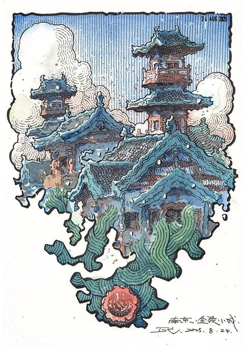 This image presents a stylized, illustrative rendering of traditional East Asian architecture, likely a temple complex, executed in a mixed-media ink and watercolor style. The visual aesthetic is characterized by bold, expressive black ink outlines with variable line weight, defining intricate roof structures and architectural details, while flat, translucent watercolor washes fill the forms. The color language is dominated by a cool palette of deep teals, slate blues, and muted greens for the roofs and foliage, contrasted with warm terracotta and ochre tones on the walls and a central red seal, all set against a pale, off-white paper background with subtle blue vertical washes suggesting rain or atmosphere. Lighting appears diffuse and ambient, with no strong directional shadows, creating a flat, graphic quality that emphasizes form over volume. Texture is conveyed through the visible grain of the paper, the fluid pooling of watercolor pigments, and the scratchy, energetic quality of the ink lines, giving a tactile, handcrafted impression. The composition is vertically oriented and densely packed, with the architectural forms stacked and overlapping to create a sense of depth and verticality, framed by swirling, stylized cloud forms at the edges. Shape language combines the geometric precision of the pagoda roofs with organic, flowing curves in the clouds and foliage, rendered with confident, sketch-like linework. The overall mood is serene yet vibrant, evoking a sense of historical reverence and artistic spontaneity, with a visual weight anchored by the dark, detailed ink work and the bold red seal at the base.