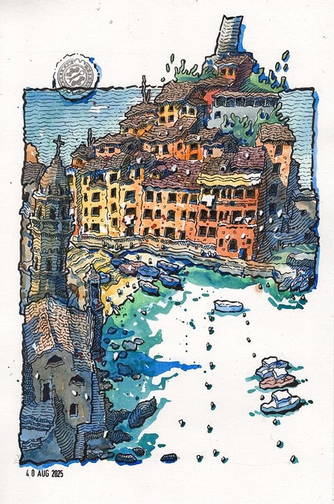 This image exhibits a vibrant, illustrative art style reminiscent of a travel sketch or a stylized linocut print, characterized by bold, expressive black ink outlines and a loose, painterly application of color that often bleeds beyond the lines. The dominant color language features a warm, sun-drenched palette of terracotta oranges, ochre yellows, and burnt siennas for the buildings, contrasted sharply against cool, saturated teal and cerulean blues for the water and shadows, creating a high-contrast, energetic visual. Lighting appears to be bright, overhead sunlight, casting deep, hard-edged shadows that define the architectural forms and create a sense of strong, midday heat. The texture is tactile and handcrafted, with visible brushstrokes, ink splatters, and a paper-like grain, giving the impression of watercolor and ink on textured paper. The composition is densely packed and vertically oriented, using a flattened perspective where buildings stack atop one another, creating a rich, patterned surface with minimal atmospheric depth, focusing instead on the intricate arrangement of shapes. The shape language is a mix of organic, wobbly lines for the natural elements and more geometric, though still hand-drawn, rectangles and squares for the architecture, with a consistent, medium-weight line that unifies the scene. The overall mood is lively, nostalgic, and warmly atmospheric, evoking the feeling of a sun-baked Mediterranean coastal village captured in a personal, artistic journal.