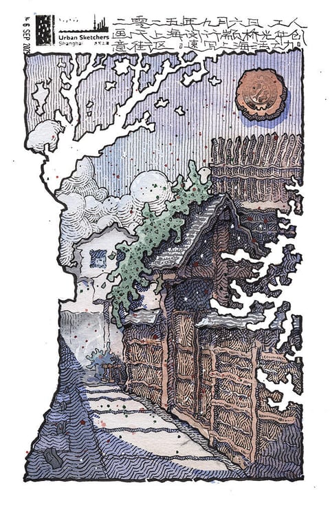 This image is an illustrative, hand-drawn urban sketch with a distinct ink-and-watercolor aesthetic, characterized by dense, expressive linework and a textured, painterly finish. The color language features a muted, desaturated palette dominated by cool blues, purples, and earthy browns, with subtle pops of green foliage and a warm, amber-toned moon, creating a high-contrast interplay between deep, cool shadows and lighter, warm accents. Lighting appears to be directional from the upper right, casting soft, diffused shadows that enhance the mood of a quiet, possibly dusk or nighttime scene. The texture is highly tactile, with visible cross-hatching, stippling, and watercolor washes that give surfaces like the wooden door, stone path, and foliage a rough, handcrafted feel. Compositionally, the scene is framed by an irregular, torn-paper edge, with a winding path leading the eye from the foreground into a narrow alleyway, creating depth through overlapping architectural elements and atmospheric perspective. Shape language is predominantly organic, with gnarled tree branches and uneven building forms rendered with varied, sketchy line weights and soft, broken edges. The overall mood is nostalgic and serene, evoking a sense of quiet exploration in an old, textured urban environment.