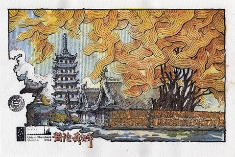 This artwork presents a highly stylized, illustrative aesthetic with a strong graphic quality, combining precise ink linework with expressive, painterly color washes. The dominant color palette features warm, autumnal tones—rich ambers, burnt oranges, and golden yellows—contrasted against cool slate blues and muted greys, creating a vibrant yet balanced temperature. The lighting appears diffuse and ambient, with no harsh directional shadows, evoking a soft, overcast daylight that enhances the mood of tranquil nostalgia. Textures are rendered through intricate, repetitive line patterns: swirling, flame-like strokes define the stylized tree canopy, while fine cross-hatching and stippling detail the architectural elements and water surface, giving a tactile, hand-drawn impression. Compositionally, the scene is framed with a central vertical emphasis on the pagoda, balanced by the dense, organic mass of the tree on the right, creating a sense of depth through layered foreground foliage and background architecture. Shape language blends organic, flowing forms in the trees and clouds with rigid, geometric precision in the pagoda and bridge structures, all defined by consistent, medium-weight ink outlines with crisp edges. The overall mood is serene and contemplative, with a dynamic energy conveyed through the swirling linework, resulting in a visually rich, storybook-like atmosphere.