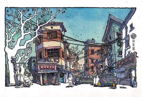 This image presents a stylized, illustrative urban scene rendered in a watercolor and ink sketch aesthetic. The visual style combines loose, expressive ink linework with flat, translucent watercolor washes, creating a hand-drawn, graphic quality. The color language is dominated by a cool, desaturated palette of teal blues, muted purples, and earthy browns, punctuated by selective warm accents like the orange-brown brick of the central building and the yellow of a traffic cone. The lighting is soft and diffused, suggesting an overcast day or twilight, with gentle shadows that define form without harsh contrast. Textures are implied through the watercolor's granular paper texture and the sketchy linework, giving surfaces a tactile, slightly rough feel rather than photorealistic detail. The composition is framed as a street-level view, with buildings receding into the background to create depth, while the large, white, leafless tree on the left acts as a strong foreground element. Shape language is a mix of organic, sketchy lines for the tree and figures, and more geometric, angular forms for the architecture, with varying line weights that emphasize outlines and details. The overall mood is nostalgic and quiet, capturing a moment of everyday urban life with a contemplative, artistic atmosphere.