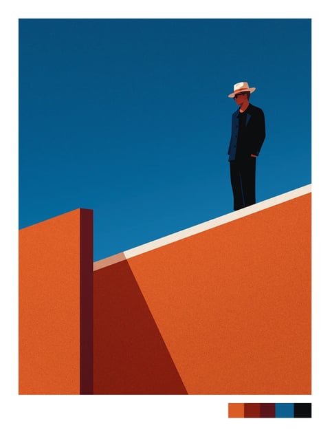 This image is a minimalist, flat-style illustration with a strong graphic quality, ideal for a 'Travel' moodbook due to its evocative sense of place and solitary journey. The composition is dominated by large, geometric planes of color: a vast, untextured cerulean blue sky occupies the upper two-thirds, creating a feeling of open space and clear atmosphere. Below, angular architectural forms in warm, terracotta orange and deep burnt sienna define a sun-drenched, arid landscape, likely suggesting a Mediterranean or Southwestern setting. A single, stylized male figure stands atop a sloping, cream-colored ledge, dressed in a dark navy suit and a wide-brimmed white hat, his posture relaxed with hands in pockets, gazing into the distance. The style uses clean lines, sharp edges, and a complete absence of gradients or intricate details, relying on bold color blocking and strong contrasts between the cool blue and warm earth tones. The mood is one of quiet contemplation, solitude, and the stark beauty of a sunlit architectural environment, with a subtle grain texture applied uniformly across the entire image to give it a printed, tactile feel.