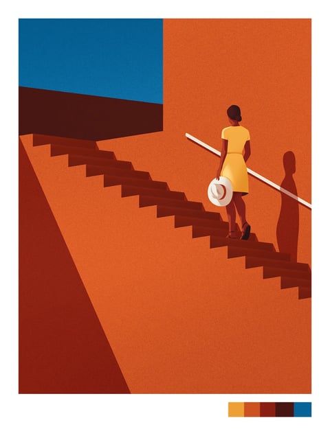 This minimalist, flat illustration captures a serene travel moment with a warm, sun-drenched aesthetic. The composition features a woman in a simple yellow dress descending a set of terracotta-orange stairs, her back turned to the viewer, holding a white sun hat in her left hand. The scene is defined by strong geometric shapes and dramatic lighting, with deep, elongated shadows cast against the textured orange walls, suggesting a late afternoon sun. A stark, dark brown architectural element cuts across the top left, contrasting with a solid block of deep teal sky above it. A thin white handrail runs parallel to the stairs, and the woman's elongated shadow is prominently projected onto the wall beside her. The color palette is limited and vibrant, dominated by warm oranges, terracotta, and amber tones, punctuated by the cool teal sky and the crisp white of the hat and rail. The style is graphic and clean, using flat color fields with a subtle grain texture, evoking a sense of quiet, contemplative exploration in a warm, architectural setting.