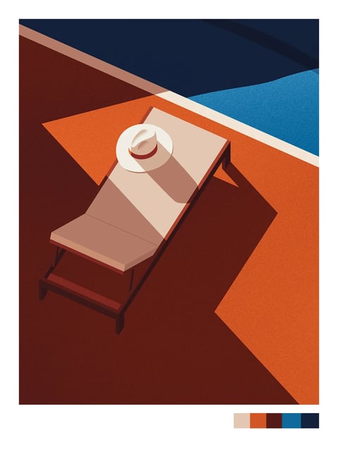 This is a minimalist, stylized illustration in a flat design aesthetic, depicting a serene poolside scene from a high-angle, isometric perspective. The composition is dominated by geometric shapes and strong, angular shadows, creating a sense of calm and solitude. A single, light-beige lounge chair with a dark brown wooden frame is positioned diagonally, casting a long, sharp shadow onto the warm, terracotta-orange ground. Resting on the upper portion of the chair is a wide-brimmed, cream-colored sun hat with a thin, dark red band, its own shadow adding depth. The scene is bisected by a clean, off-white edge, separating the warm-toned patio from a section of deep, textured blue representing a swimming pool. The color palette is restricted and sophisticated, featuring warm terracotta, deep chocolate brown, creamy beige, and a vibrant, textured cerulean blue, with a small color palette swatch in the bottom right corner confirming these key hues. The technique uses subtle grain textures and precise, hard-edged shapes to evoke a tranquil, sun-drenched, and minimalist vacation mood, emphasizing geometric abstraction and the interplay of light and shadow.