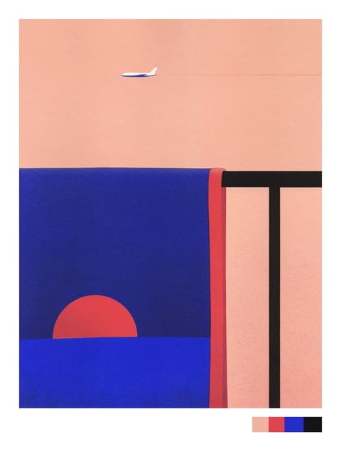 This minimalist, graphic-style image presents a travel-themed composition divided into distinct geometric color blocks. The upper half features a soft, warm peach-toned sky, across which a small, stylized white airplane with blue accents flies horizontally from left to right, leaving a faint, thin white contrail. Below this, a deep navy blue rectangular section dominates the left side, containing a large, semi-circular red shape resembling a setting or rising sun positioned near its bottom edge. This blue section is bordered on the right by a vertical, textured red strip. To the right of the red strip, a pale peach vertical rectangle is intersected by a bold, black T-shaped structure, suggesting an abstract architectural element like a window frame or signpost. The overall aesthetic is flat, with subtle paper-like texture, using a limited, high-contrast palette of peach, navy blue, red, and black to evoke a sense of serene, abstracted journey and departure.