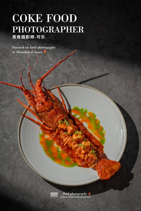 This image presents a photorealistic food photograph with a high-contrast, dramatic aesthetic. The dominant color language features a warm, saturated palette centered on the deep reds and oranges of the cooked lobster, accented by vibrant green and orange sauce swirls against a cool, dark gray textured background. The lighting approach utilizes a hard, directional key light from the upper left, casting sharp, defined shadows that emphasize the lobster's form and create a moody, focused atmosphere. Texture and material feel are highly detailed, showcasing the glossy, wet sheen of the sauce, the rough, segmented shell of the lobster, and the matte, stone-like surface of the plate and background. Compositionally, the image employs a dynamic diagonal arrangement with the lobster positioned off-center on a circular plate, creating depth through overlapping elements and shadow play. Shape language combines the organic, intricate curves and lines of the lobster with the clean geometric circle of the plate. The overall mood is luxurious, intense, and appetizing, with a strong visual weight drawing the eye directly to the meticulously plated subject.