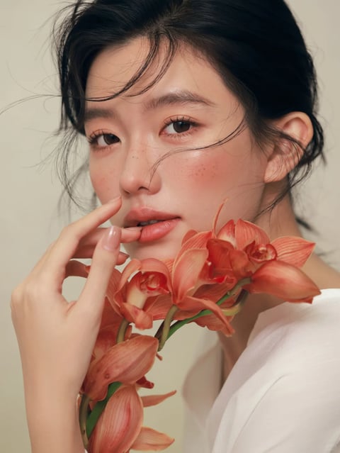 The image presents a photorealistic portrait with a soft, painterly quality, characterized by a warm, muted color palette dominated by peachy corals, creamy beiges, and deep, natural black hair. The lighting is soft and diffused, appearing to come from the front-left, creating gentle highlights on the skin and subtle, soft-edged shadows that enhance the three-dimensional form without harshness. Texture is rendered with high detail, emphasizing the dewy, luminous skin with visible pores and subtle freckles, the delicate, slightly frizzy strands of hair, and the velvety, layered petals of the coral orchid. The composition is a close-up, focusing on the subject's face and hand interacting with the flower, with a shallow depth of field that keeps the foreground sharp and gently blurs the background. Shape language is predominantly organic, defined by the soft curves of the facial features, the flowing lines of the hair, and the intricate, natural forms of the orchid petals. The overall mood is intimate, serene, and gently sensual, conveyed through the subject's direct gaze, the delicate hand gesture, and the harmonious, warm tonal harmony.