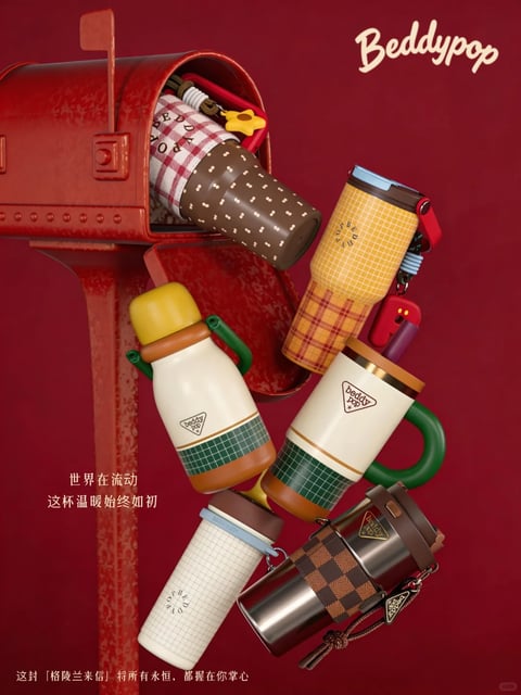 The image features a collection of six stylized, insulated beverage containers (tumblers and bottles) arranged dynamically against a deep, matte crimson background, spilling from a vintage-style, distressed red metal mailbox. The containers exhibit a cohesive retro-inspired aesthetic with geometric patterns and warm, earthy color palettes. Formally, they range from tall, cylindrical tumblers with tapered bases to shorter, bulbous bottles with integrated handles, all proportioned for handheld use. Materials appear to be a mix of matte-finished stainless steel, smooth plastic, and textured silicone or rubberized grips, with surfaces featuring grid patterns, checks, and dotted motifs in combinations of cream, mustard yellow, forest green, chocolate brown, and terracotta. Construction details include prominent, chunky lids in contrasting colors (yellow, brown, blue), secure-looking flip-top mechanisms, and attached carrying straps or clips with decorative charms. Functional cues are evident in the ergonomic handles, wide mouths, and insulated walls suggesting temperature retention. The overall style is a playful, nostalgic 'retro-modern' design, evoking mid-20th century kitchenware with a contemporary, fashion-forward twist. Context is implied as a promotional or lifestyle shot, with the mailbox suggesting themes of delivery, correspondence, and cherished everyday objects.