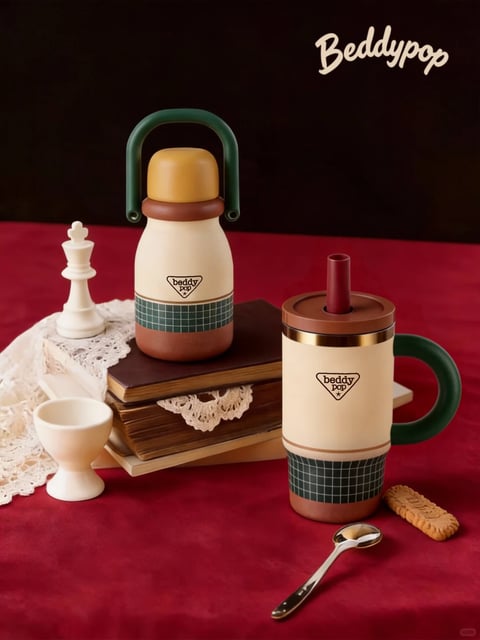 The image displays two insulated beverage containers with a cohesive retro-modern aesthetic, set against a dark background on a rich red velvet surface. The larger item on the left is a jug-style thermos with a rounded, bulbous body, a cream-colored matte upper section, a dark teal grid-patterned mid-band, and a brown base, topped with a mustard-yellow dome lid and a dark green arching handle. To its right stands a cylindrical travel mug with a similar cream matte body, teal grid band, and brown base, featuring a dark green loop handle and a brown lid with a central red straw. Both items bear a triangular 'beddy pop' logo. The scene includes contextual props: a stack of vintage books with a white lace doily, a white ceramic egg cup, a white chess piece (queen), a silver spoon, and a rectangular biscuit, suggesting a cozy, styled tabletop setting. The materials appear to be a mix of matte plastic or coated metal, with smooth, non-reflective surfaces, and the color palette combines warm cream, mustard, and brown with cool teal and green accents.